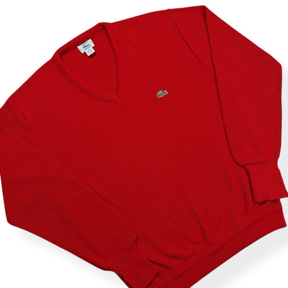 Vintage IZOD Lacoste Sweater Men's XL Red Grandpa V Neck Cotton Made in USA 80s - Picture 2 of 13